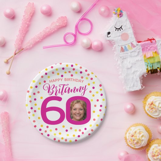 Assiettes En Carton 60e anniversaire photo confetti rose or jaune (Fête)