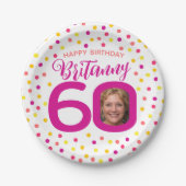 Assiettes En Carton 60e anniversaire photo confetti rose or jaune (Devant)