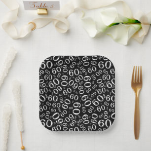 Assiettes En Carton 60e Motif de numéro aléatoire noir/blanc