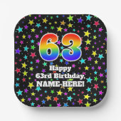 Assiettes En Carton 63e anniversaire : Fun Stars Motif et Rainbow "63" (Recto)