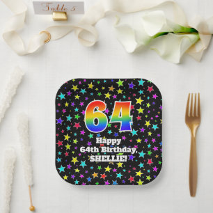 Assiettes En Carton 64e anniversaire : Fun Stars Motif et Rainbow "64"
