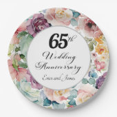 Assiettes En Carton 65e anniversaire de Mariage Élégant script floral (Devant)