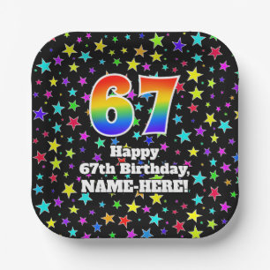 Assiettes En Carton 67e anniversaire : Fun Stars Motif et Rainbow "67"