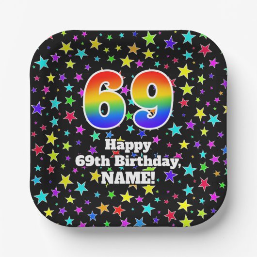 Assiettes En Carton 69e anniversaire : Fun Stars Motif et Rainbow "69" (Recto)