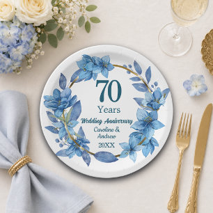 Assiettes En Carton 70e Anniversaire de Mariage Bleu Floral Platine