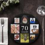 Assiettes En Carton 70e anniversaire fête noir photo collage mec<br><div class="desc">Une plaque en papier pour une fête de 70 ans pour un homme,  mec,  célébrant sa vie avec un collage de 8 de vos propres photos. Modèles de 70 ans et une date. Date de naissance ou date de la fête. Lettres de couleur blanche. Arrière - plan noir.</div>