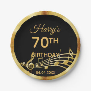 Assiettes En Carton 70e anniversaire noir or musique notes nom