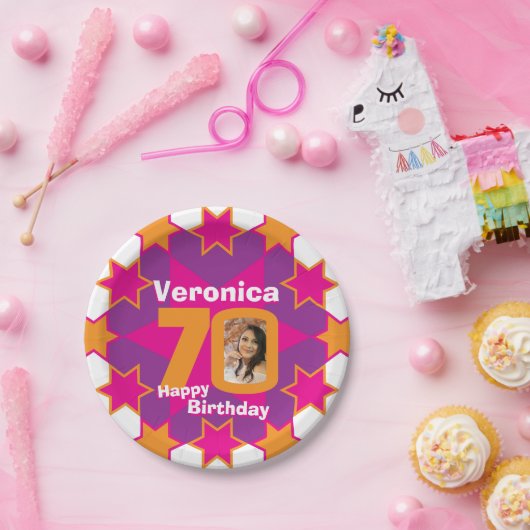 Assiettes En Carton 70e anniversaire photo nom rose étoile plaque papi (Fête)