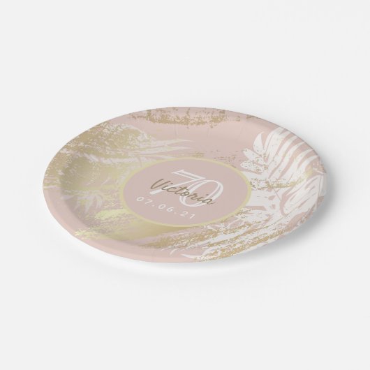 Assiettes En Carton 70e anniversaire rose or tropical palmier feuilles (Angle)