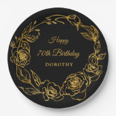Assiettes En Carton 70e fête d'anniversaire Luxe Gold Rose Floral Blac (Devant)