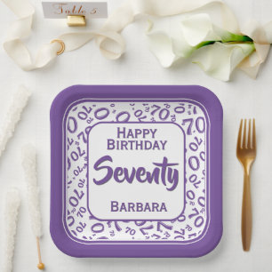 Assiettes En Carton 70e Motif de numéro aléatoire violet/blanc