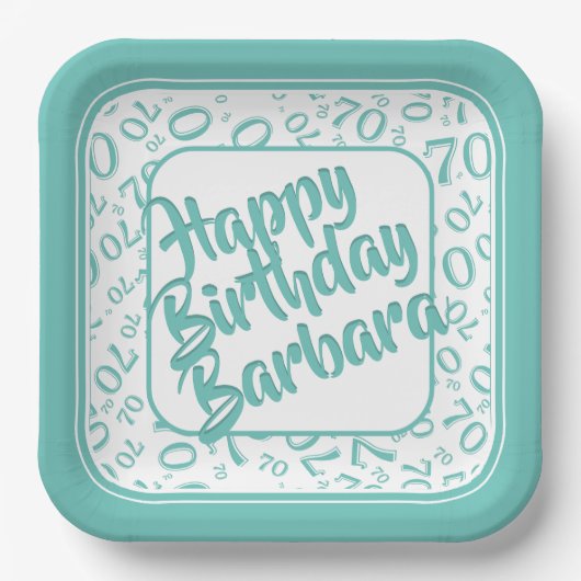 Assiettes En Carton 70th Birthday Party Numéro Motif Turquoise blanc (Recto)