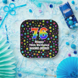 Assiettes En Carton 76e anniversaire : Fun Stars Motif et Rainbow "76"