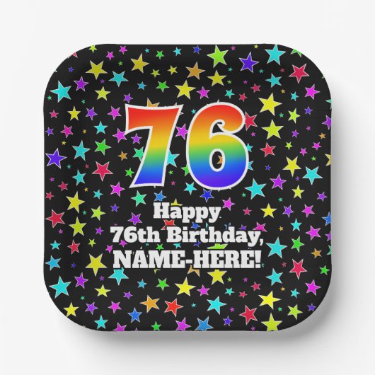 Assiettes En Carton 76e anniversaire : Fun Stars Motif et Rainbow "76" (Recto)
