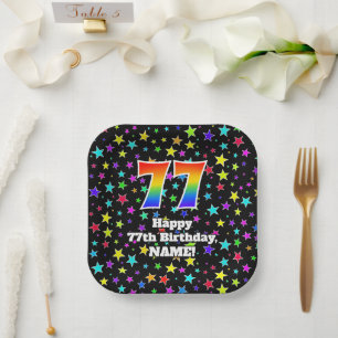 Assiettes En Carton 77e anniversaire : Fun Stars Motif et Rainbow "77"