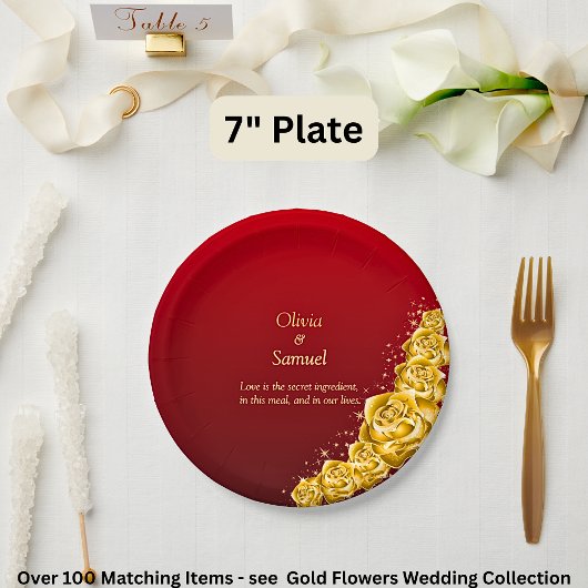 Assiettes En Carton 7" Names and Gold Flowers on Red Maroon