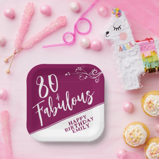 Assiettes En Carton 80 et fabuleux Script Magenta 80e anniversaire (Fête)