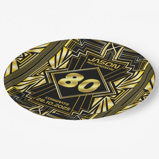 Assiettes En Carton 80e anniversaire Art Déco Gold Black Great Gatsby (Angle)