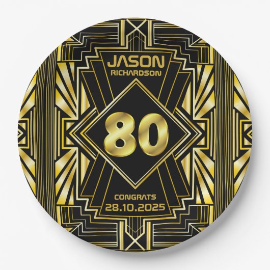 Assiettes En Carton 80e anniversaire Art Déco Gold Black Great Gatsby (Devant)