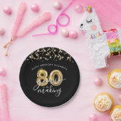 Assiettes En Carton 80e anniversaire Black Gold Balloon Script Streame (Fête)