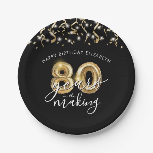 Assiettes En Carton 80e anniversaire Black Gold Balloon Script Streame (Devant)