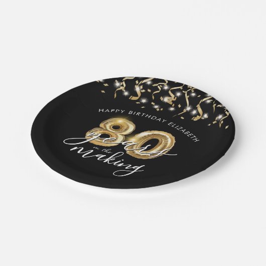 Assiettes En Carton 80e anniversaire Black Gold Balloon Script Streame (Angle)