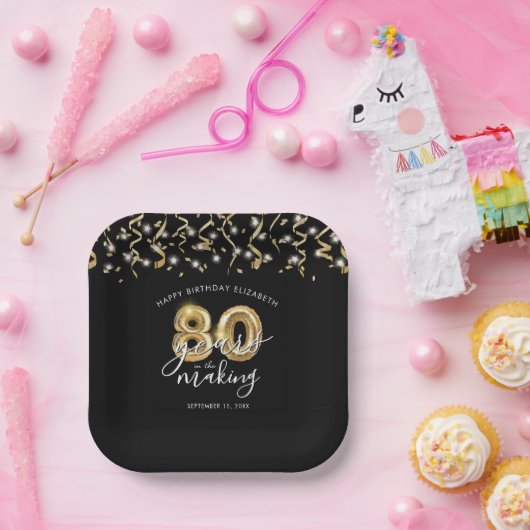 Assiettes En Carton 80e anniversaire Black Gold Script Streamers (Fête)