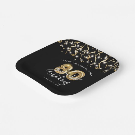 Assiettes En Carton 80e anniversaire Black Gold Script Streamers (Angulaire)