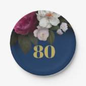 Assiettes En Carton 80e anniversaire Bleu foncé élégant Floral 80e (Devant)