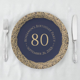 Assiettes En Carton 80e Anniversaire Bleu Nuit Roses Dorées Élégantes 