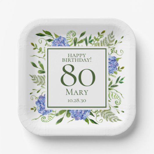 Assiettes En Carton 80e anniversaire Blue Hydrangeas (Recto)