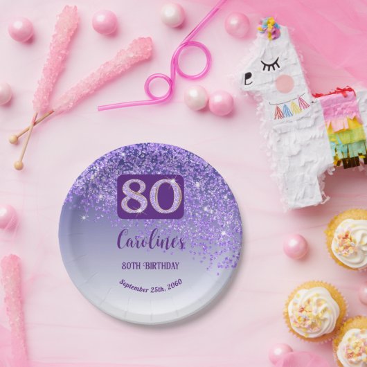 Assiettes En Carton 80e anniversaire Chic Falling Purple Parties scint (Fête)