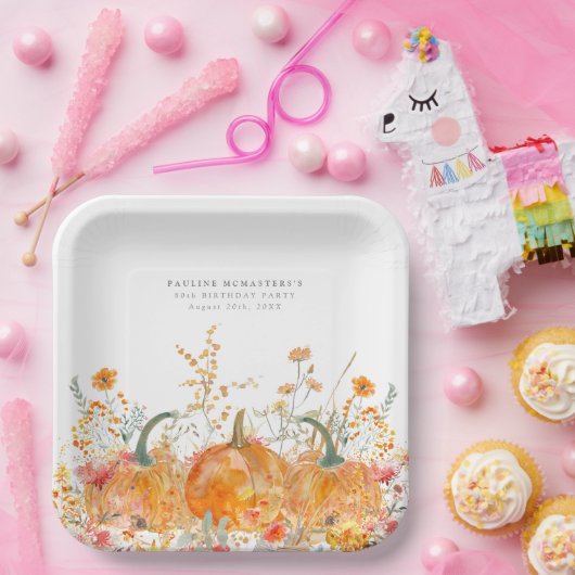 Assiettes En Carton 80e anniversaire Citrouille Fleur sauvage personna (Fête)