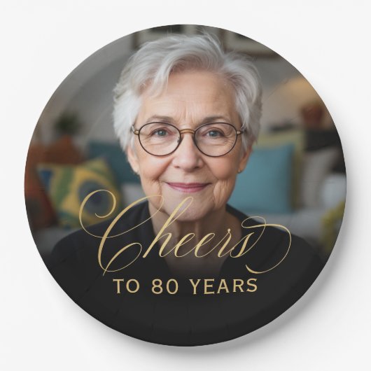 Assiettes En Carton 80e anniversaire de la fête Photo Gold Script Chee (Devant)