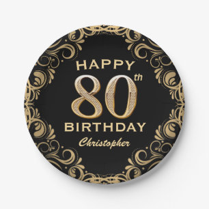 Assiettes En Carton 80e anniversaire de la Parties scintillant Black a