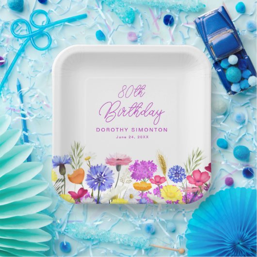 Assiettes En Carton 80e anniversaire fête Fleur sauvage pourpre Person (Fête)