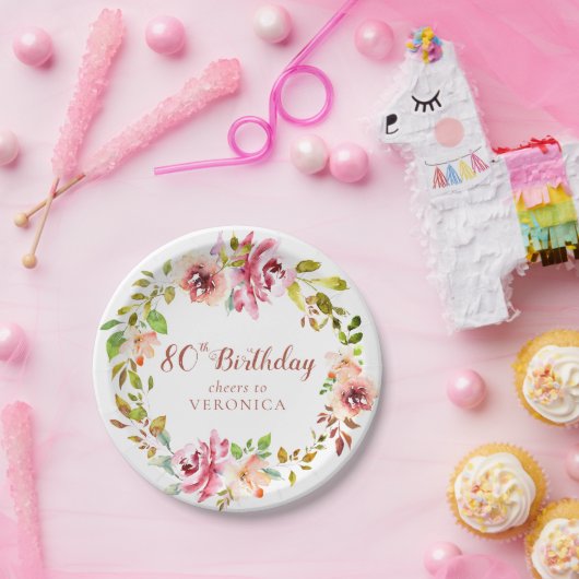 Assiettes En Carton 80e anniversaire fleuri Wreath (Fête)