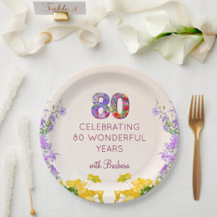 Assiettes En Carton 80e anniversaire floral moderne 80 ans fête élégan