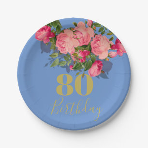 Assiettes En Carton 80e anniversaire Huitième Rose bleu élégant