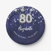 Assiettes En Carton 80e anniversaire marine bleu argent étoiles (Devant)