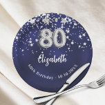 Assiettes En Carton 80e anniversaire marine bleu argent étoiles<br><div class="desc">Pour un 80ème anniversaire. Une couleur bleu marine arrière - plan avec des étoiles faux argent. La couleur bleue est inégale. Ajoutez votre nom,  texte.</div>