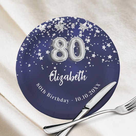 Assiettes En Carton 80e anniversaire marine bleu argent étoiles