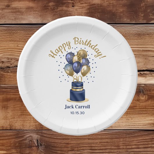 Assiettes En Carton 80e anniversaire Marine Blue Balloon Cake