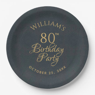 Assiettes En Carton 80e Anniversaire Party Blue Gold Élégante calligra