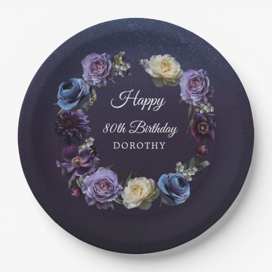 Assiettes En Carton 80e anniversaire Personnalisé Moody Purple Flower (Devant)