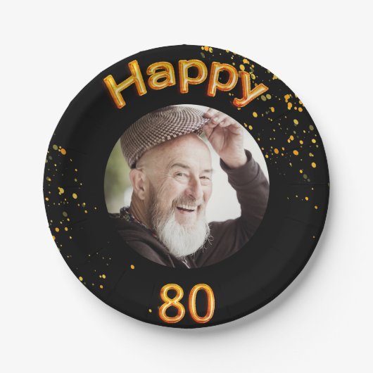 Assiettes En Carton 80e anniversaire photo ballons d'or noir (Devant)
