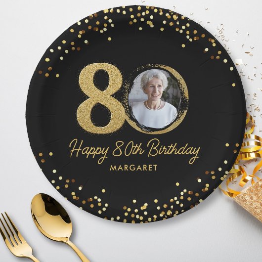 Assiettes En Carton 80e anniversaire Photo Elegant Black Gold Parties