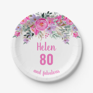 Assiettes En Carton 80e anniversaire rose aquarelle floral