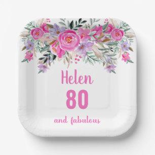 Assiettes En Carton 80e anniversaire rose aquarelle floral