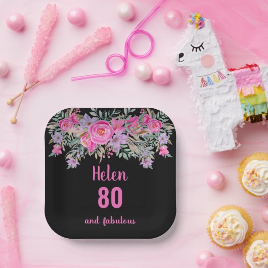 Assiettes En Carton 80e anniversaire rose noir aquarelle florale (Fête)